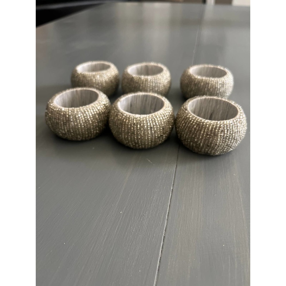 Glam Beaded Silver/Gray Napkin Rings Set of 6